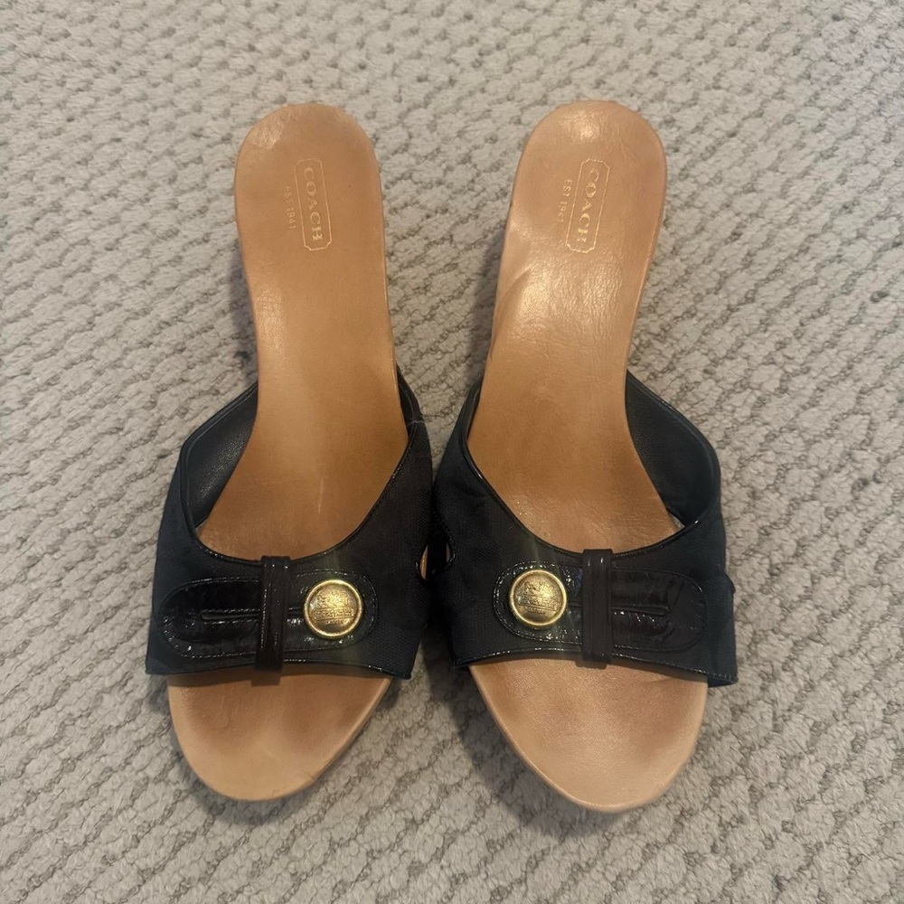 Coach Black and Tan Mules with Studded Strap
